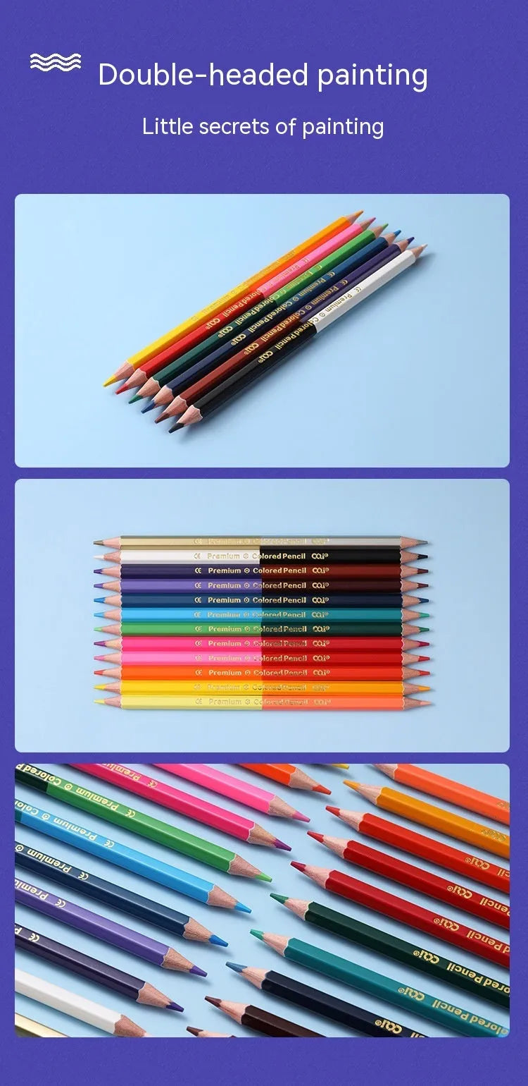Set of wooden double-headed colouring pencils showing two colour leads on each pencil