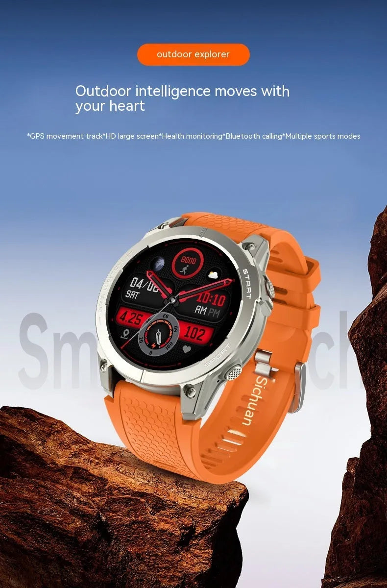 S53 outdoor GPS sports smart watch with black zinc alloy frame and silicone wristband showing 1.43-inch IPS display