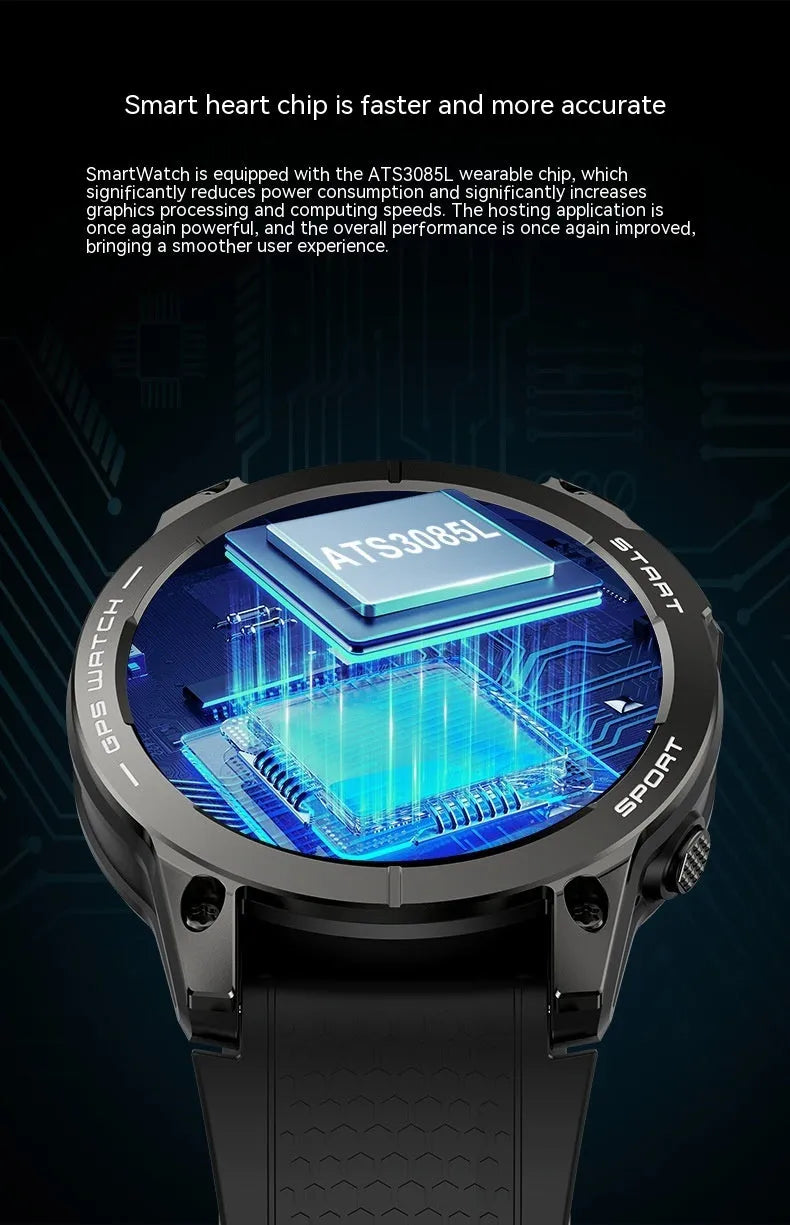 S53 outdoor GPS sports smart watch with black zinc alloy frame and silicone wristband showing 1.43-inch IPS display