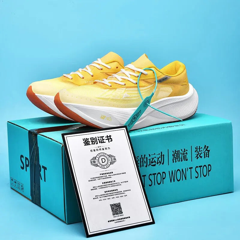 Low top carbon plate racing sneaker in Glacier colour with PU mesh upper and natural rubber sole.