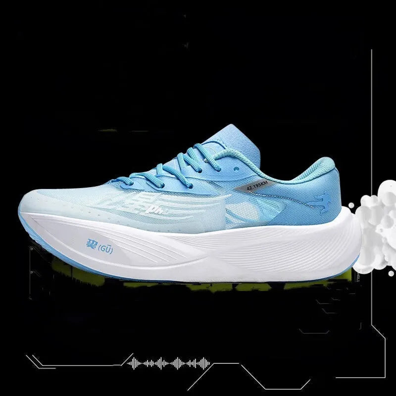 Low top carbon plate racing sneaker in Glacier colour with PU mesh upper and natural rubber sole.