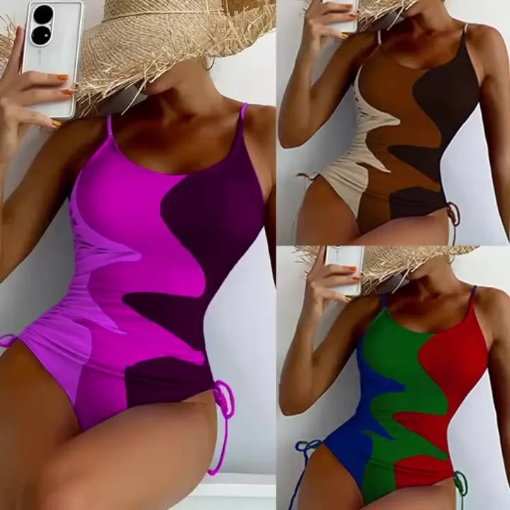 Women's blue one-piece sleeveless swimsuit with a backless design for swimming sports.
