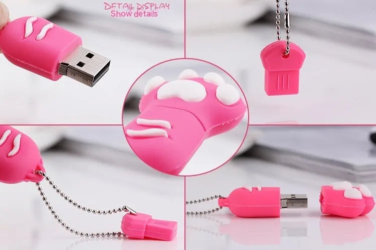 Creative cute cat claw PVC USB flash drive in white with cartoon design showing USB connector