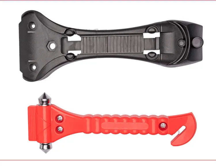 Red car emergency life hammer with seatbelt cutter and glass breaker functions