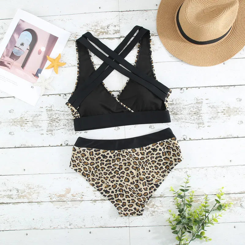 Women's leopard print cross banded bikini swimsuit with V-neck design and floral pattern briefs