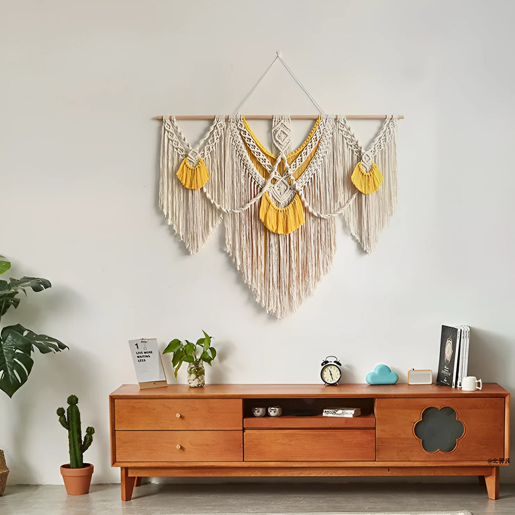 Hand-woven creamy white cotton tapestry with Nordic style, rectangular shape measuring 120cm by 95cm