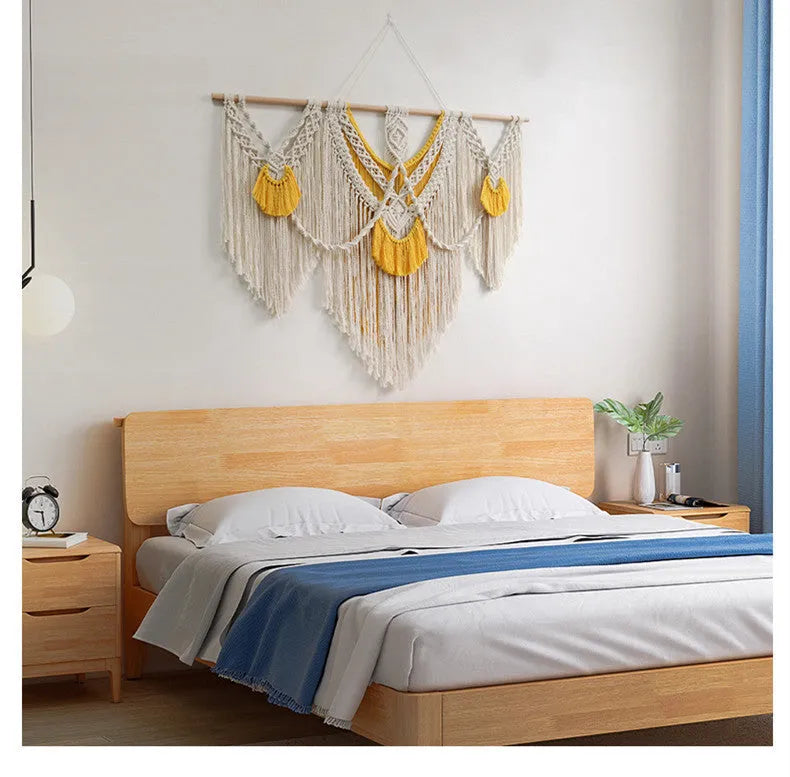 Hand-woven creamy white cotton tapestry with Nordic style, rectangular shape measuring 120cm by 95cm