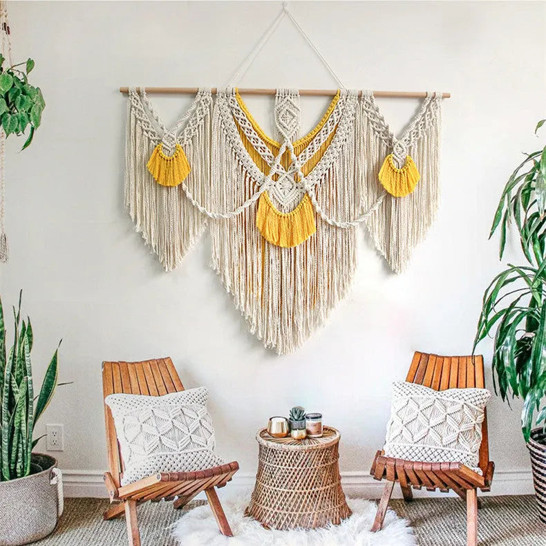 Hand-woven creamy white cotton tapestry with Nordic style, rectangular shape measuring 120cm by 95cm