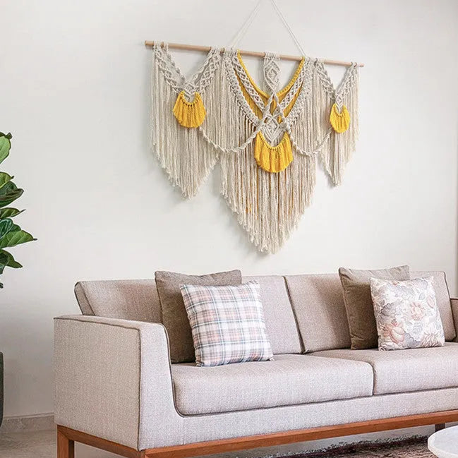 Hand-woven creamy white cotton tapestry with Nordic style, rectangular shape measuring 120cm by 95cm