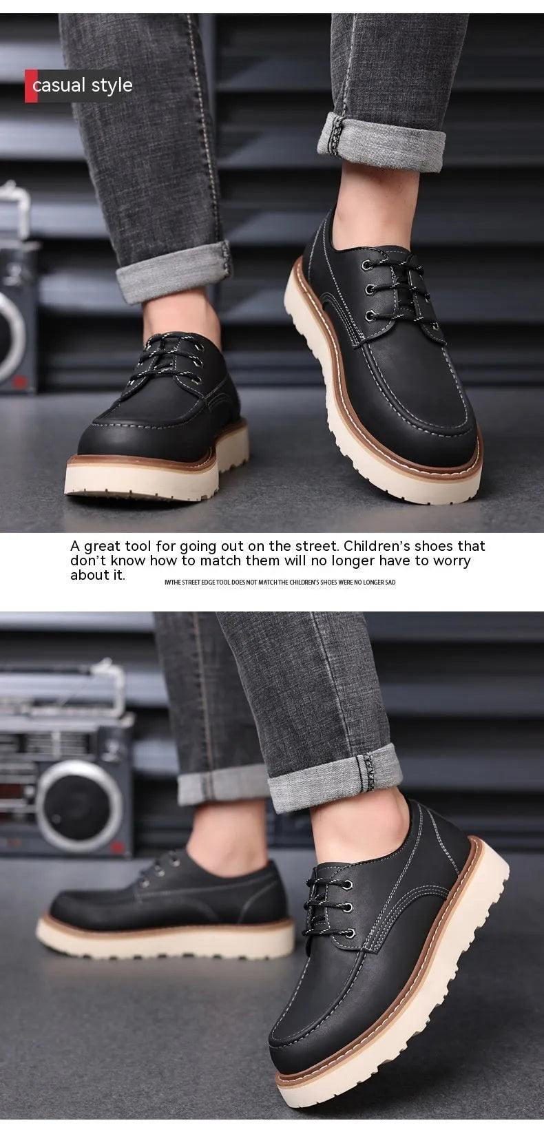 Men's black retro Martin low-top casual boots with round toe and rubber sole