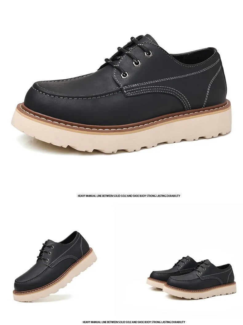 Men's black retro Martin low-top casual boots with round toe and rubber sole