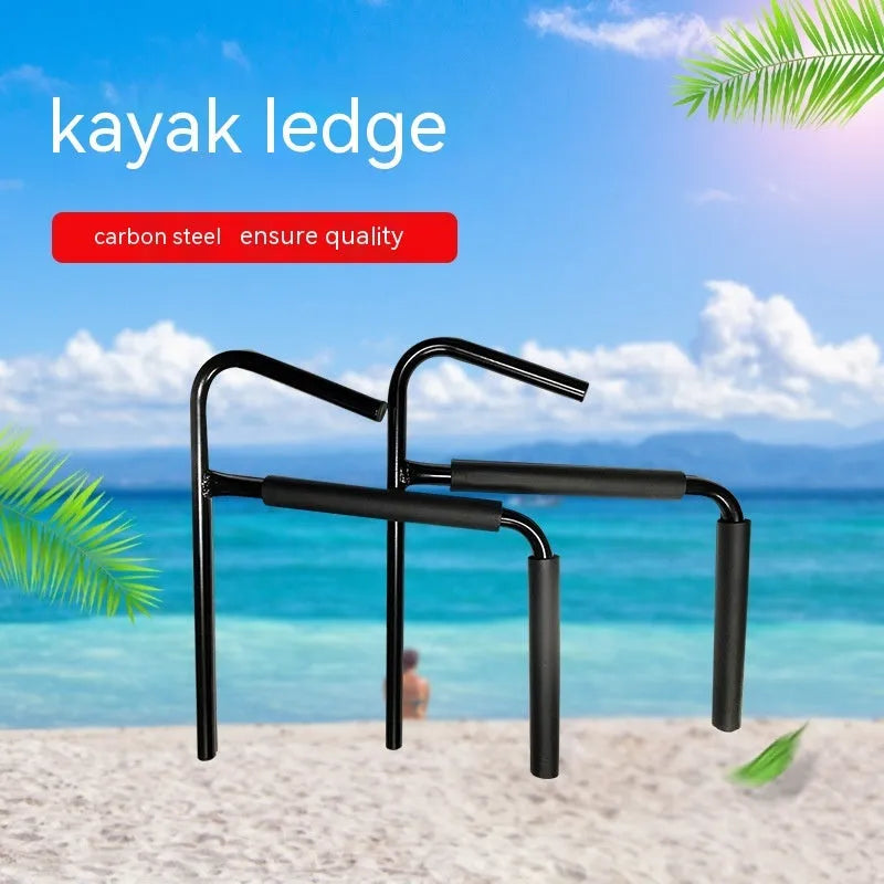 Carbon steel kayak and surfboard wall hanger rack for storage.