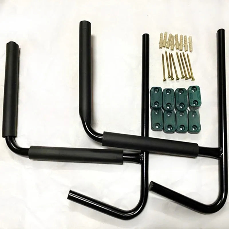 Carbon steel kayak and surfboard wall hanger rack for storage.