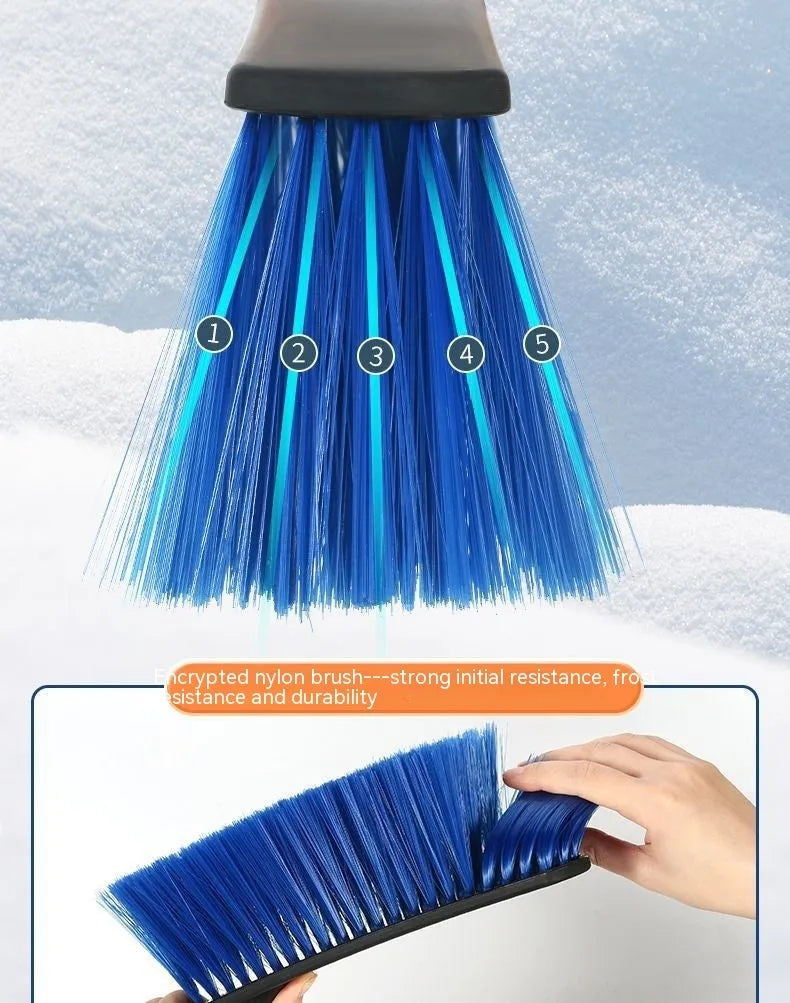Blue telescopic car snow brush and ice scraper with a wide snow plough blade for winter car cleaning