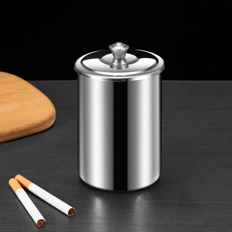 Stainless steel fly ash ashtray with cover, funnel, and smoke button in various colours