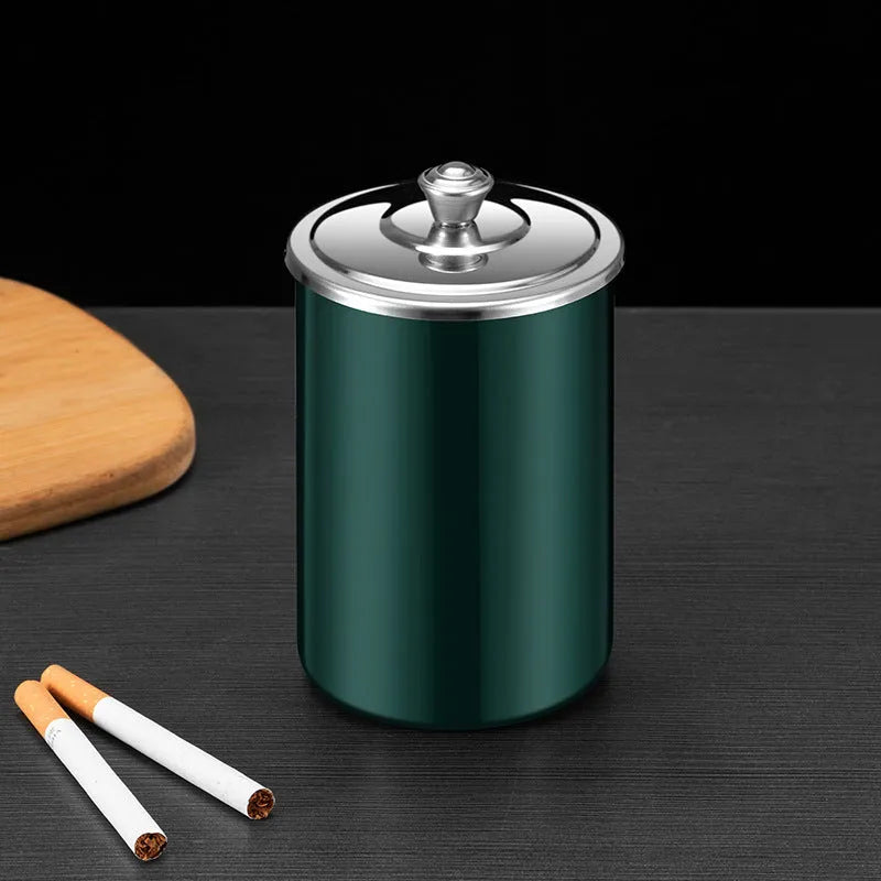Stainless steel fly ash ashtray with cover, funnel, and smoke button in various colours