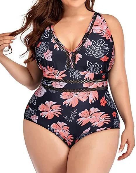 Women's black printing polyester mesh plus-size bikini swimsuit on hanger