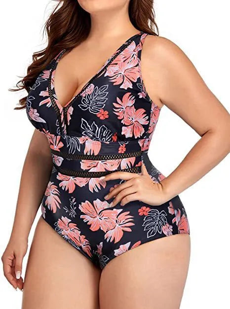 Women's black printing polyester mesh plus-size bikini swimsuit on hanger