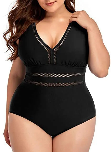 Women's black printing polyester mesh plus-size bikini swimsuit on hanger