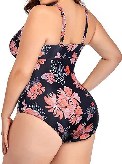 Women's black printing polyester mesh plus-size bikini swimsuit on hanger
