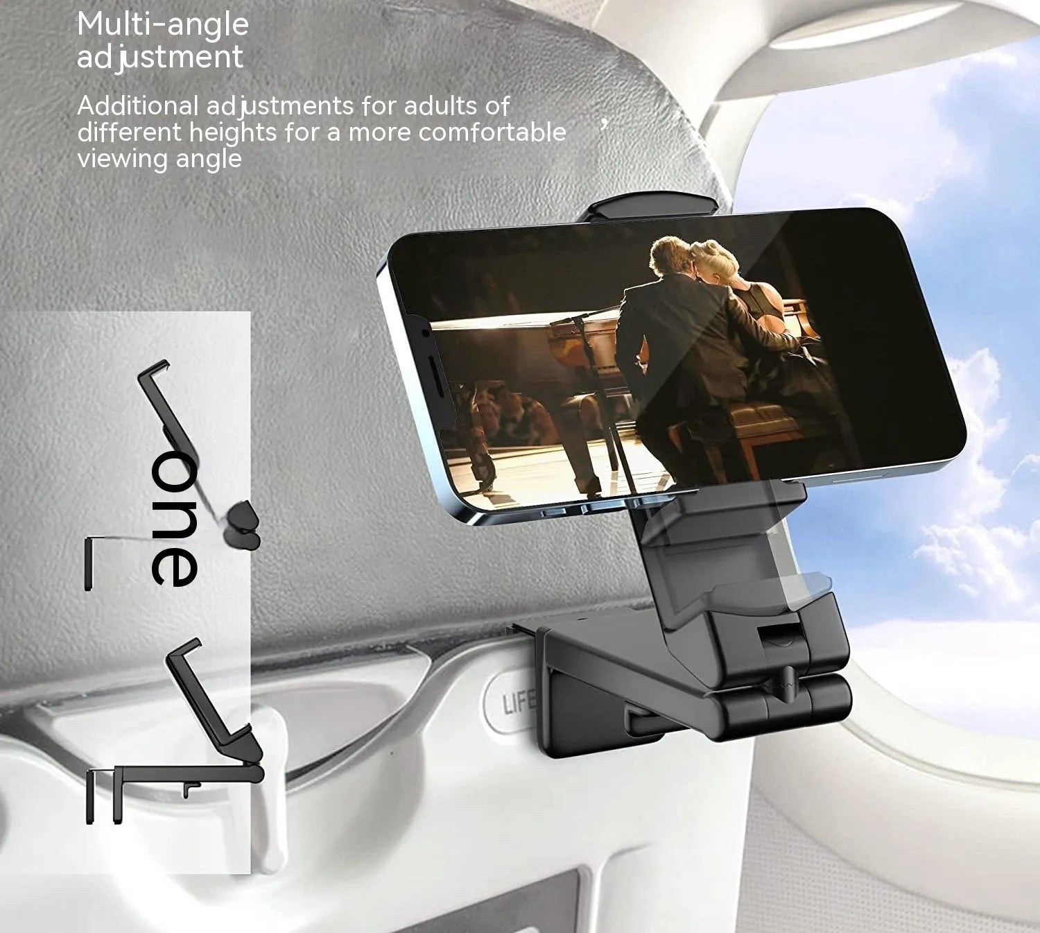Universal foldable rotating phone holder in black, grey, or green colour on a flat surface, showing its adjustable arm.
