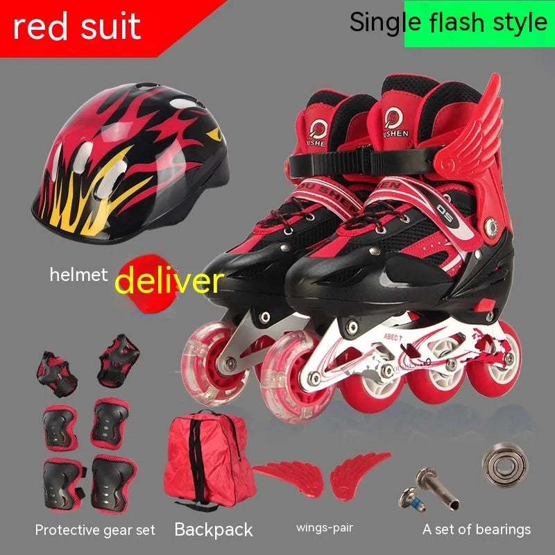Yellow adjustable children's PU skating shoes with aluminium frame, foam wheels, helmet, protective pads, and backpack.