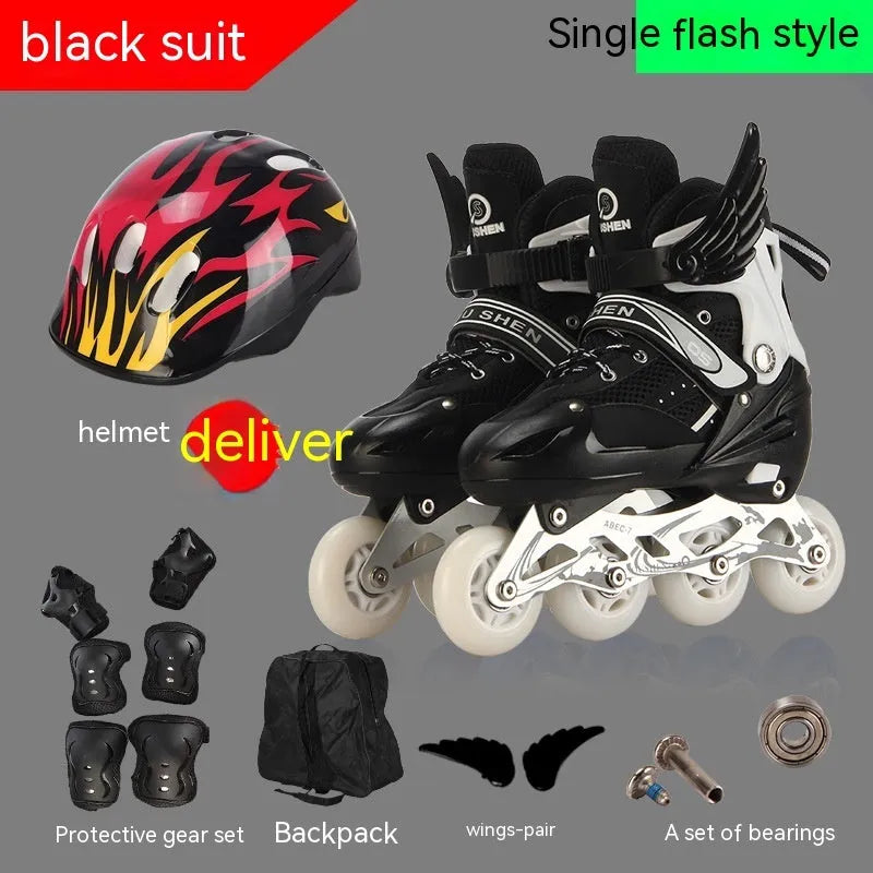 Yellow adjustable children's PU skating shoes with aluminium frame, foam wheels, helmet, protective pads, and backpack.