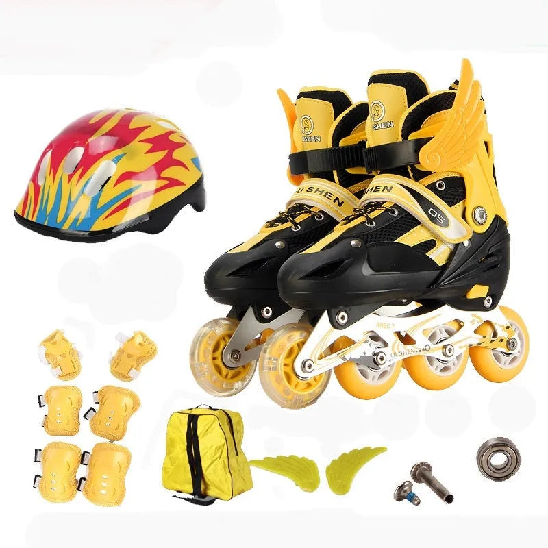 Yellow adjustable children's PU skating shoes with aluminium frame, foam wheels, helmet, protective pads, and backpack.