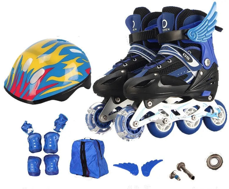 Yellow adjustable children's PU skating shoes with aluminium frame, foam wheels, helmet, protective pads, and backpack.