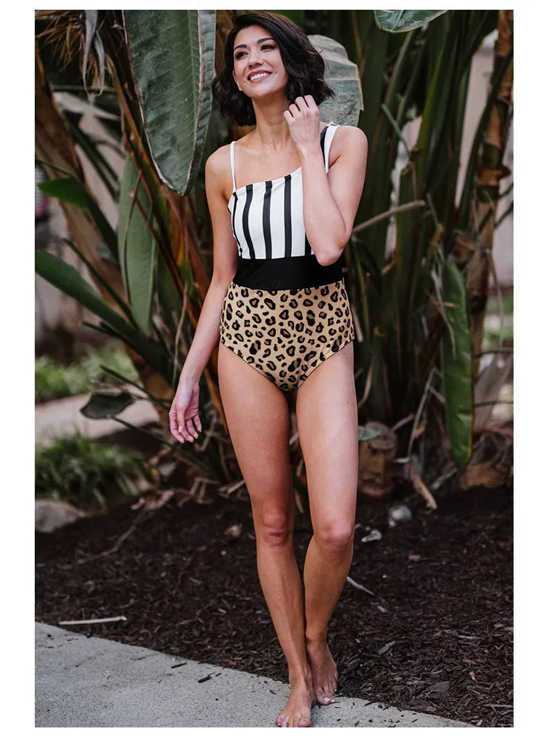 Women's leopard print one-piece swimsuit with asymmetric collar and high-waisted triangle design