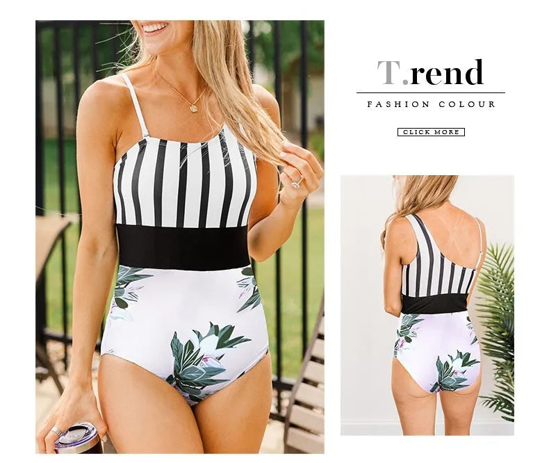 Women's leopard print one-piece swimsuit with asymmetric collar and high-waisted triangle design