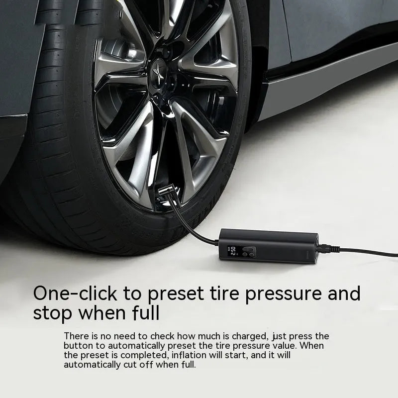 Black digital display car tyre inflator with 12V power cable and 18cm hose