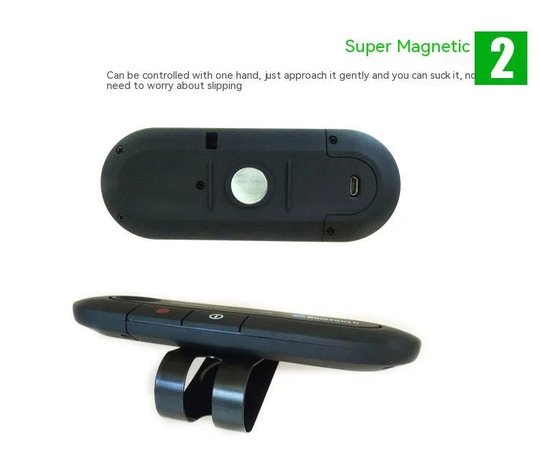 Black vehicle-mounted Bluetooth handsfree device clipped to car sun visor with aux cable