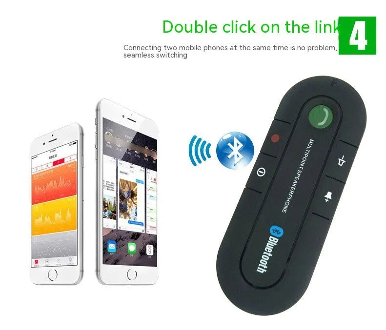 Black vehicle-mounted Bluetooth handsfree device clipped to car sun visor with aux cable