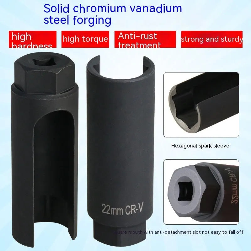 Black chromium vanadium steel oxygen sensor sleeve tool for 22mm fittings.