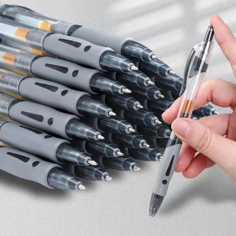 A single gel pen with a 0.5mm tip, shown in black, blue, and red colour options.
