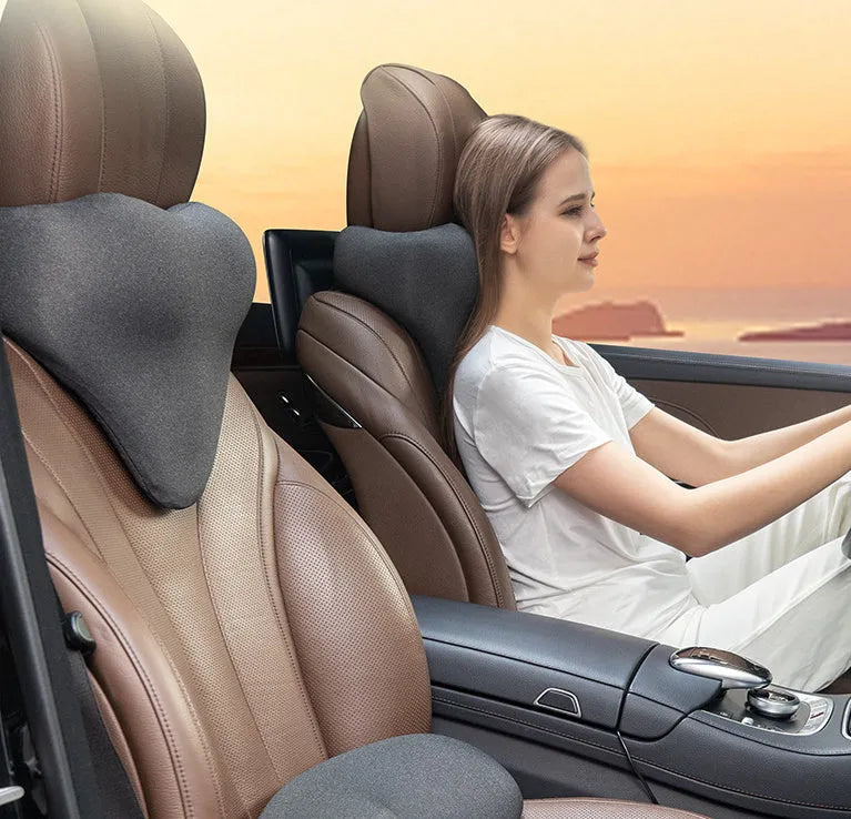 Car neck memory foam pillow in dark gray colour for automotive headrest support