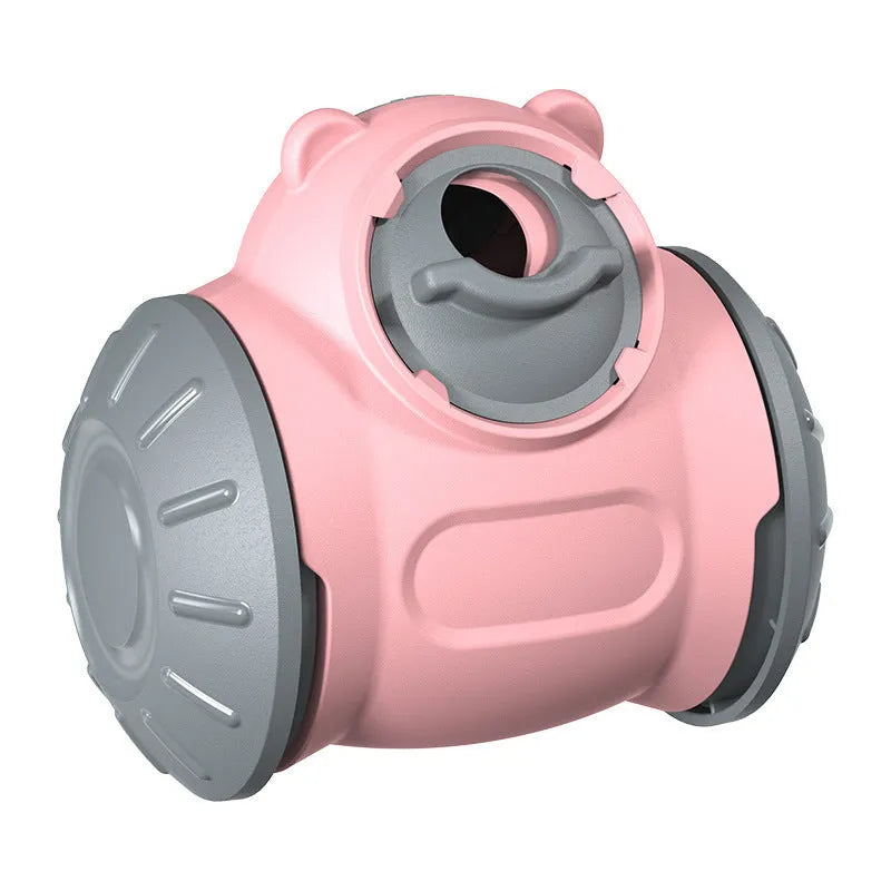 Self-balancing dog and cat tumbler toy in red, green or pink with slider puzzle and slow feeder use