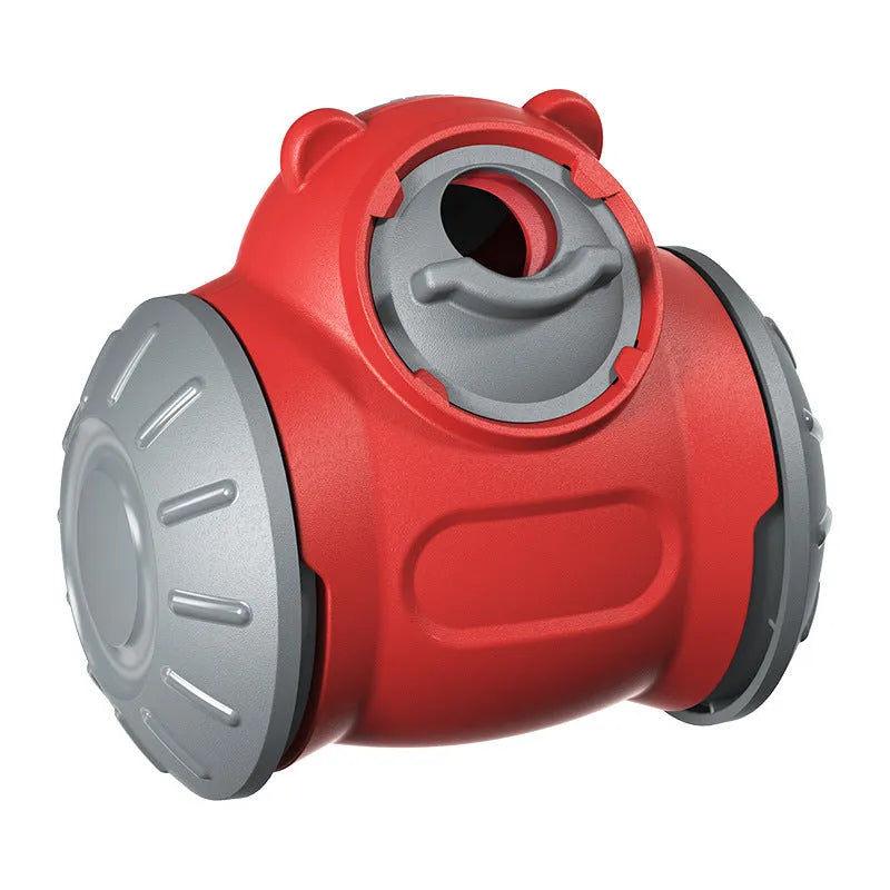 Self-balancing dog and cat tumbler toy in red, green or pink with slider puzzle and slow feeder use