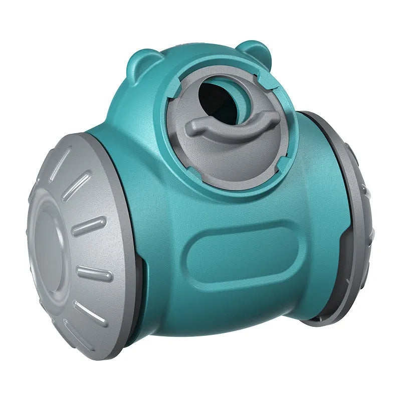 Self-balancing dog and cat tumbler toy in red, green or pink with slider puzzle and slow feeder use