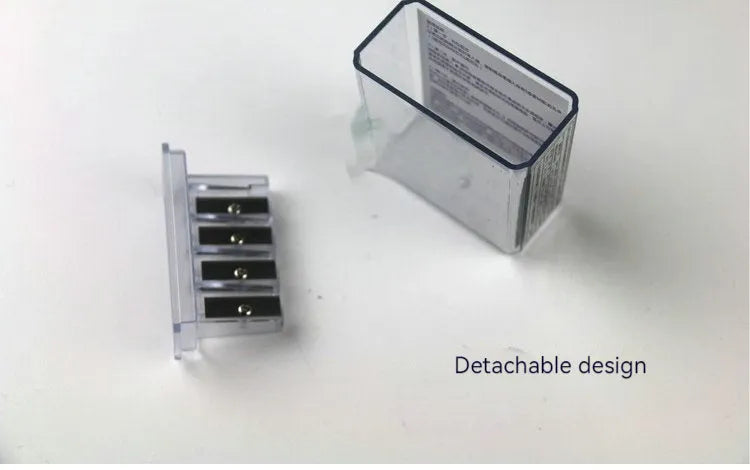 Geometric plastic pencil sharpener with four sharpening holes and maintenance screwdriver