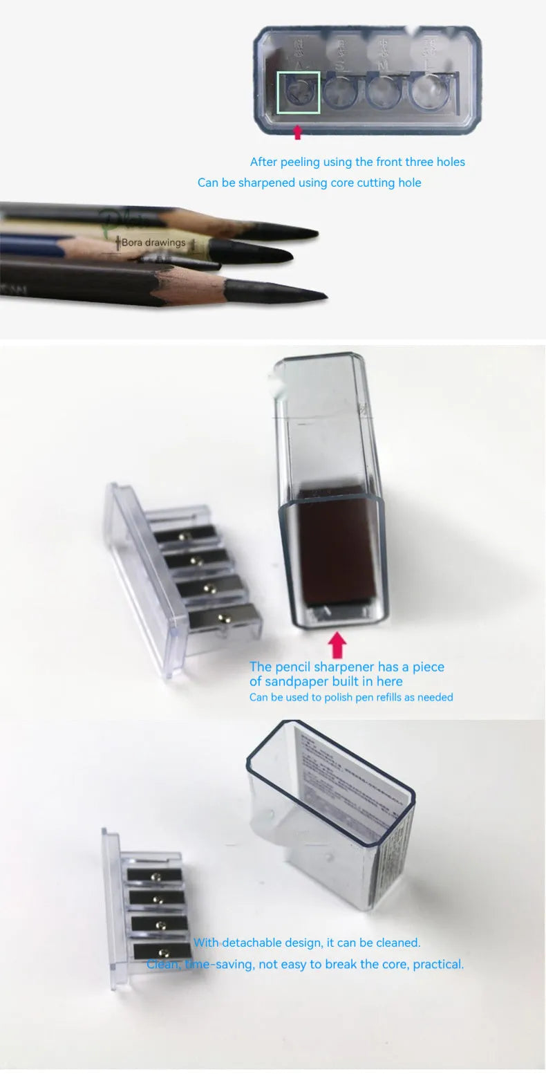Geometric plastic pencil sharpener with four sharpening holes and maintenance screwdriver