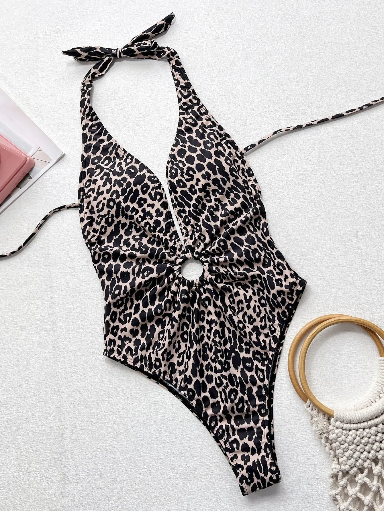 Leopard print women's one-piece swimsuit with hollow-out ring detail