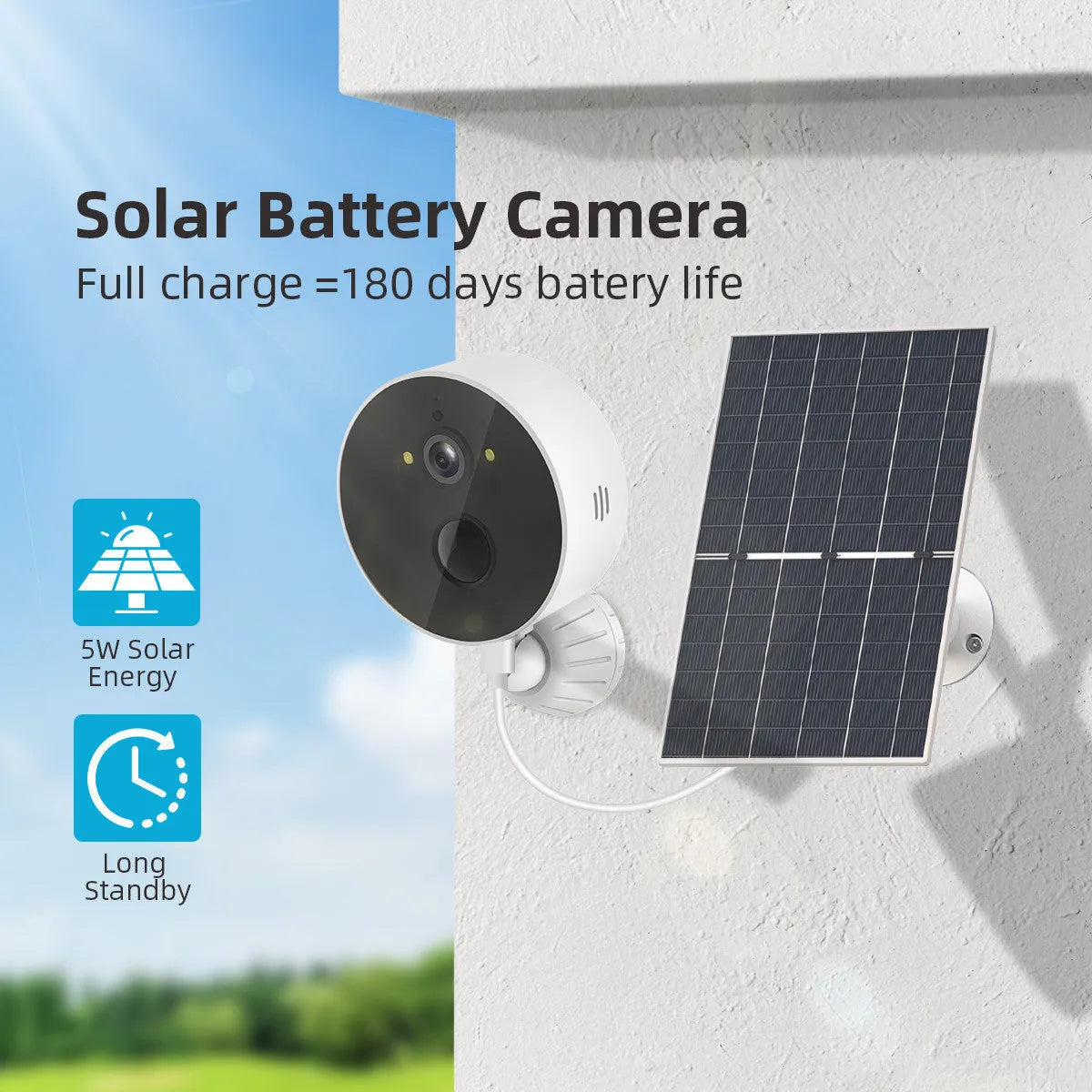 Outdoor solar-powered security camera with separate solar panel for battery charging.