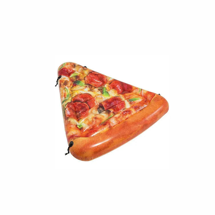 Large green and beige pizza-themed inflatable surfboard lounger floating on water