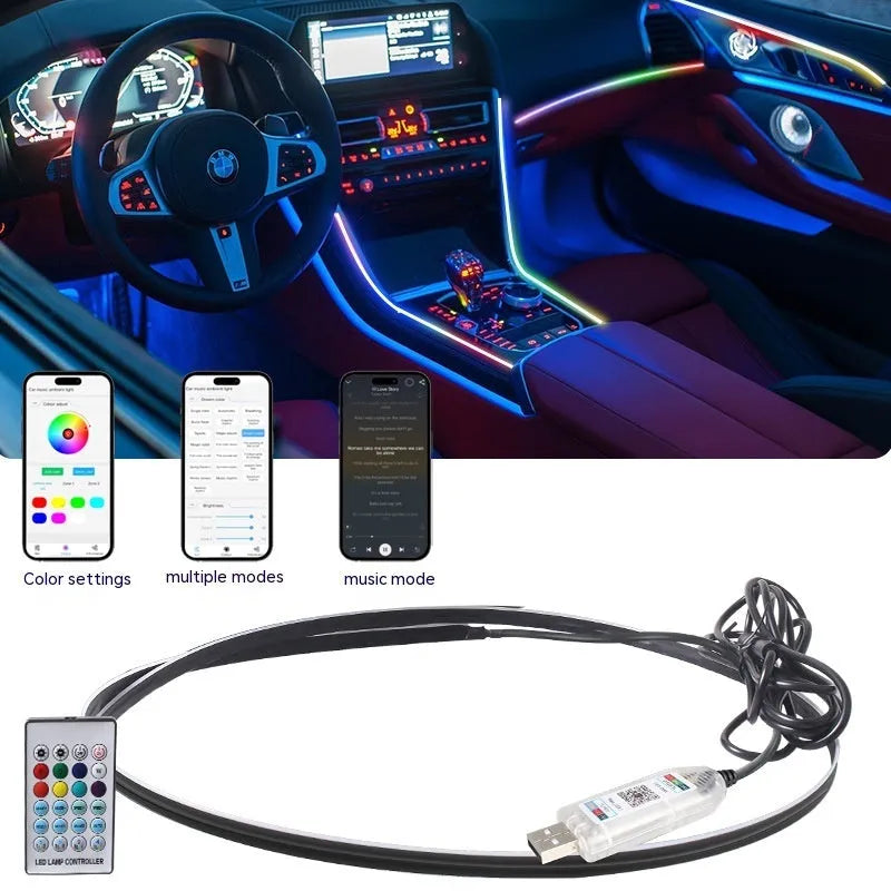 Car interior ambient lighting kit with remote control and app connectivity