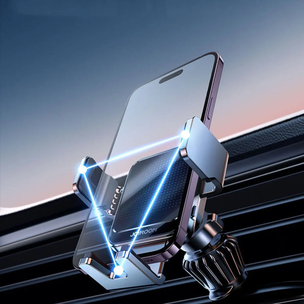 Black car wireless charging phone bracket mounted on a car air vent, showing automatic arms and included Type-C cable