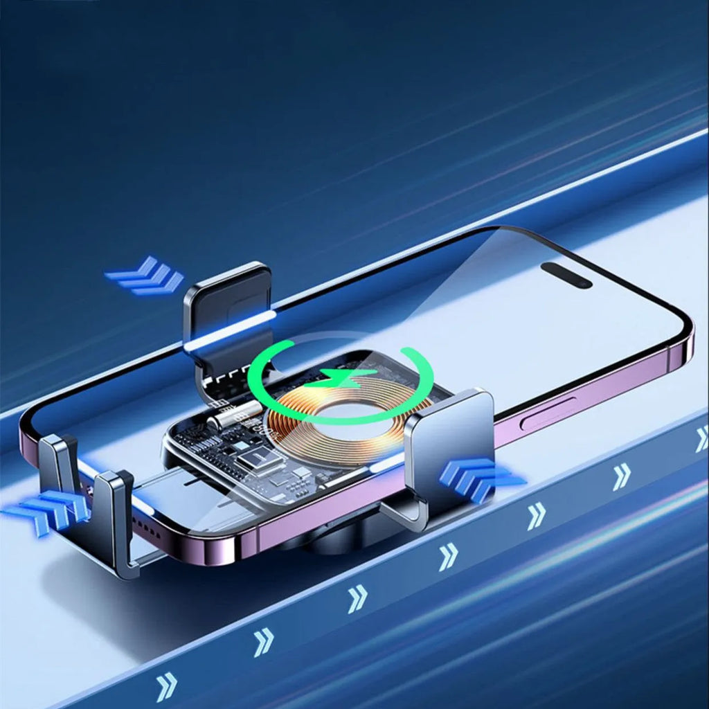 Black car wireless charging phone bracket mounted on a car air vent, showing automatic arms and included Type-C cable
