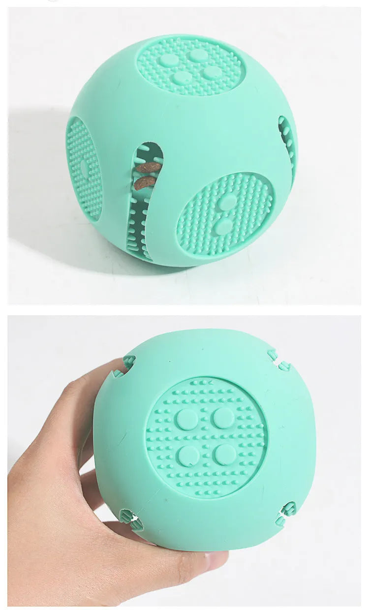 Silicone dice-shaped dog toy in yellow, sky blue, or green for treat dispensing and slow feeding.