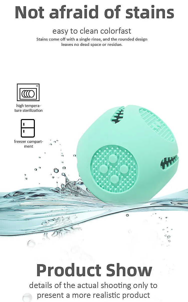 Silicone dice-shaped dog toy in yellow, sky blue, or green for treat dispensing and slow feeding.